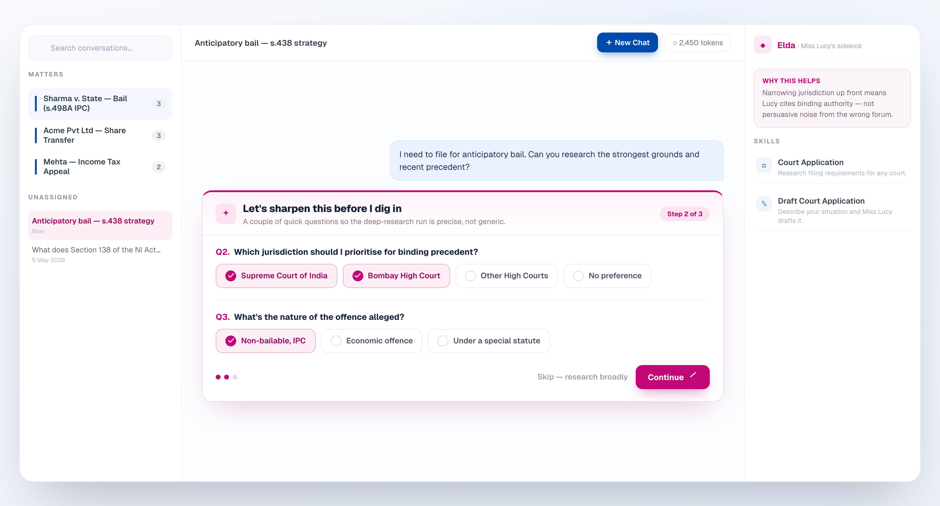 Miss Lucy clarifying-questions wizard guiding research with multi-choice options