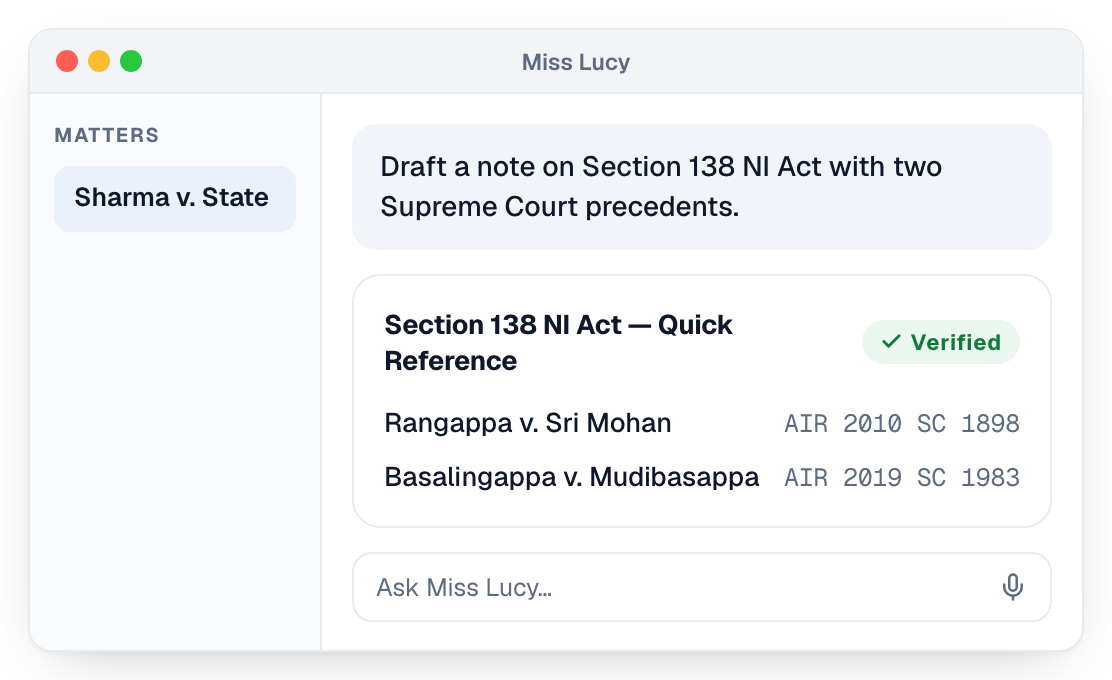 Miss Lucy's native Mac app — one matter open in the sidebar, a Section 138 question, and the verified quick-reference note she returned